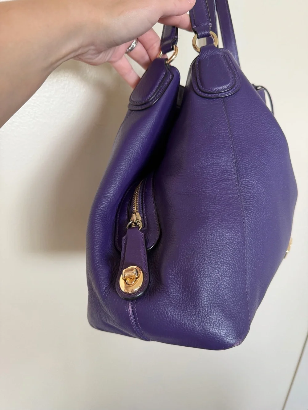 COACH Edie Turnlock Purple Gold Large Pebbled Leather Triple Hobo Shoulder Bag